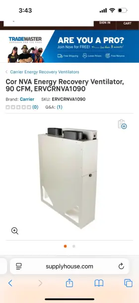 Ervcrnva1090 Carrier Cor Nva Energy Recovery Ventilator 90 Cfm
