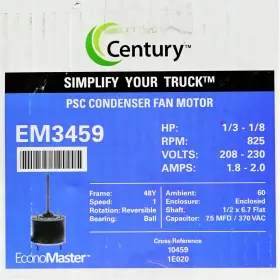 Em3458f Century Motors Condenser Fan Motor 1/3 To 1/6 Hp 208 230 Vac 1075 Rpm