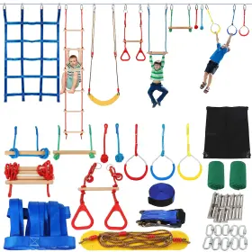 Fahkns 840366420292 Ninja Warrior Kids Obstacle Course 55 Ft Durable Slackline With 8 Obstacles-