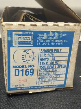 D169 Genteq Motors Fasco 1/70 Hp 1500 Rpm Open Vent Fan And Blower Motor New