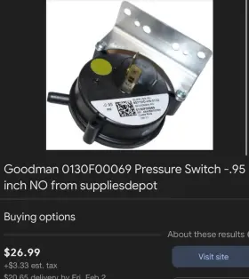 0130f00069 Goodman Pressure Switch -.95 Inch Lot Of 27
