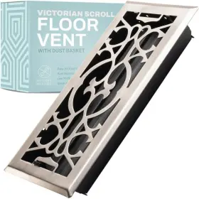 Home Intuition 850035495698 Victorian Scroll 4x10 Inch Floor Register Vent With Mesh Cover Trap Satin Nickel