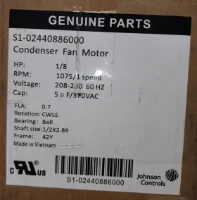 S1-02440886000 Johnson Control Controls Condenser Fan Motor 1/8 Hp 208-230 Volts