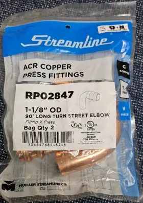 Press-rp02847 Mueller Streamline New Qty 5 Rp02847 1-1/8 Inch Acr Copper Press Fitting 90 Long Turn St Elbow