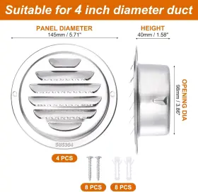 Pta231008tt000715eu Patikil 304 Stainless Steel Air Vents 4 Inch 4pcs Round Louver Grille Vent #2