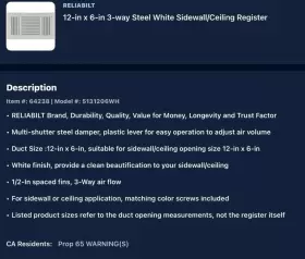 5131206wh Reliabilt Sidewall/ceiling Register 6 Inch X 12 White 3 Way Steel With Adjusting Air Flow X2 #2