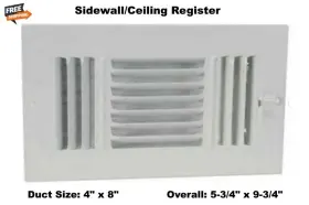 4jrp8 Select Air Register 4 Inch X 8 Duct Size Wall Ceiling White 3-way Ac Conditioning Heat
