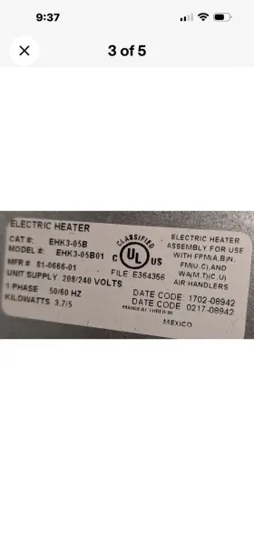 Ehk3-05b Smart Comfort Electric Heater Kit 5kw 240v 1hp For Ceiling Mount Fan Coils Ehk305b