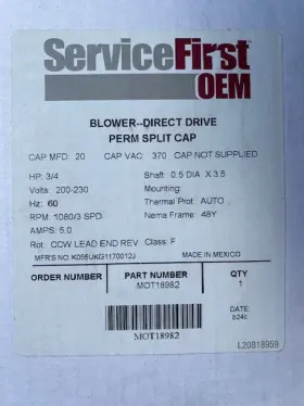 Mot18982 Trane 3/4hp 200-230v 1080 Rpm Cw Motor