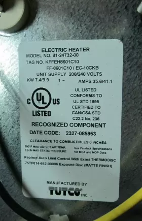 Kffeh8601c10 Tutco Ff-8601c10/ Carrier 10kw 208/240v Electric Heat Kit With Breaker #3
